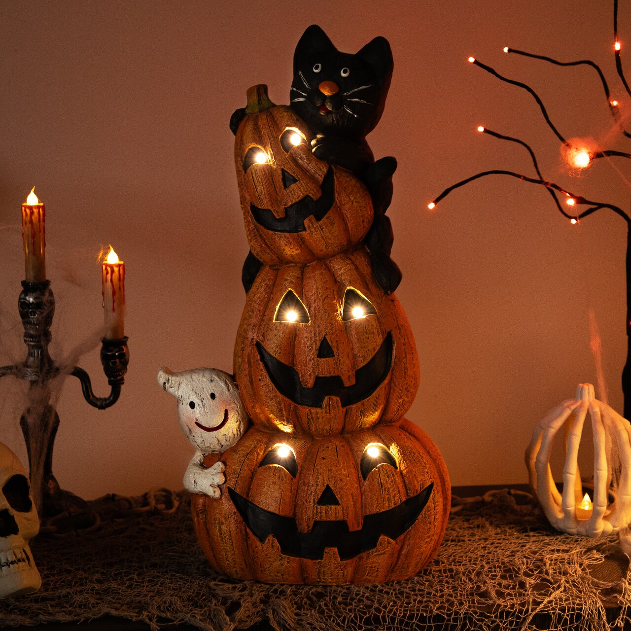 Northlight Lighted Stacked Jack-O-Lanterns with Ghost and Black Cat Halloween Decoration - 20" - LED Clear Lights